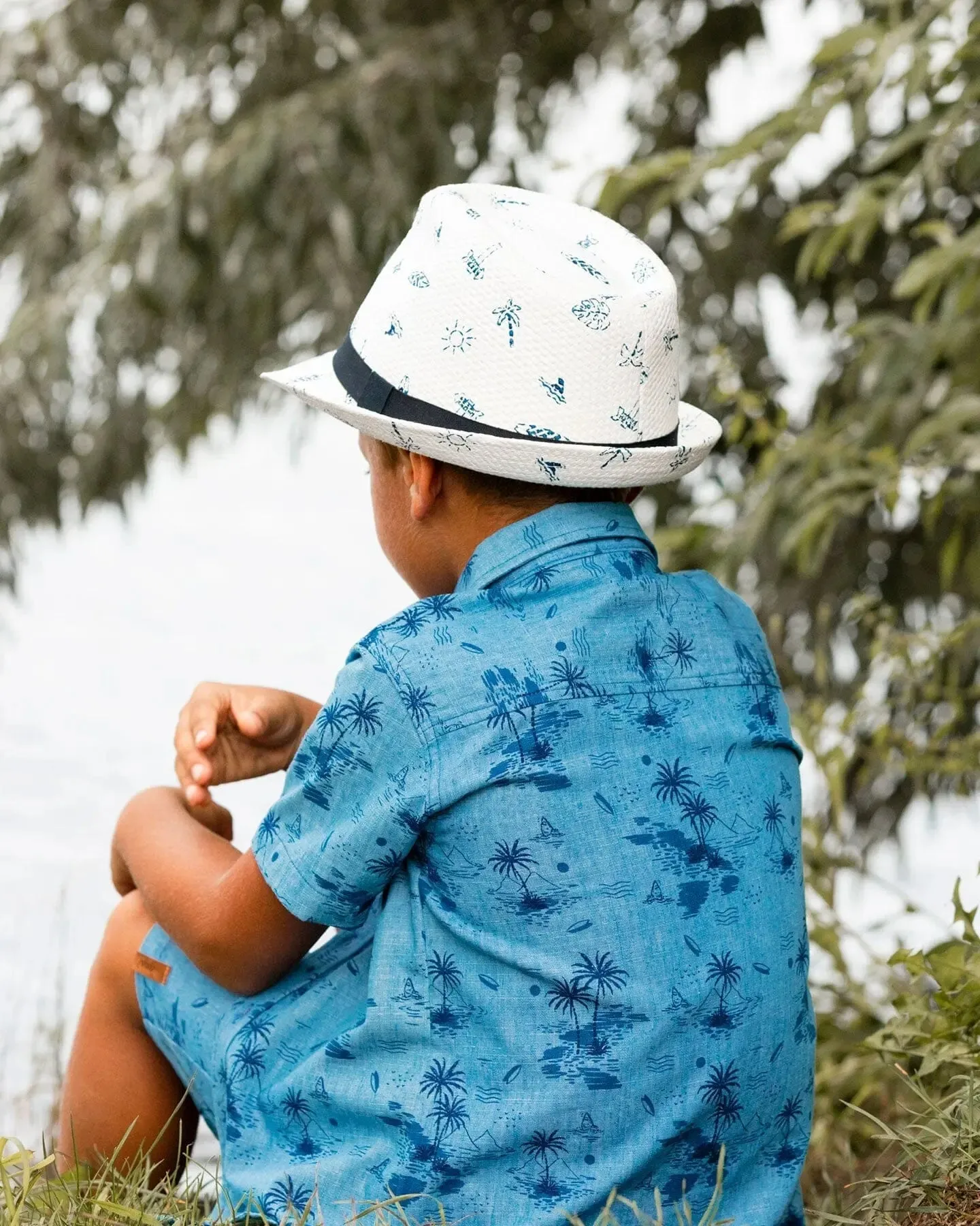 Printed Chambray Short Sleeve Shirt Pale Blue And Navy