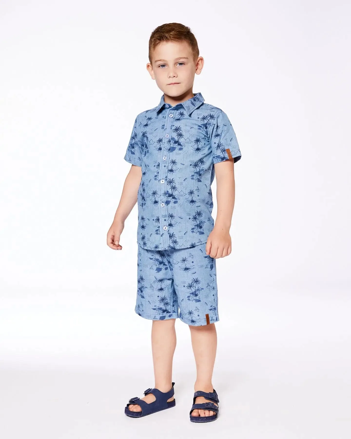 Printed Chambray Short Sleeve Shirt Pale Blue And Navy