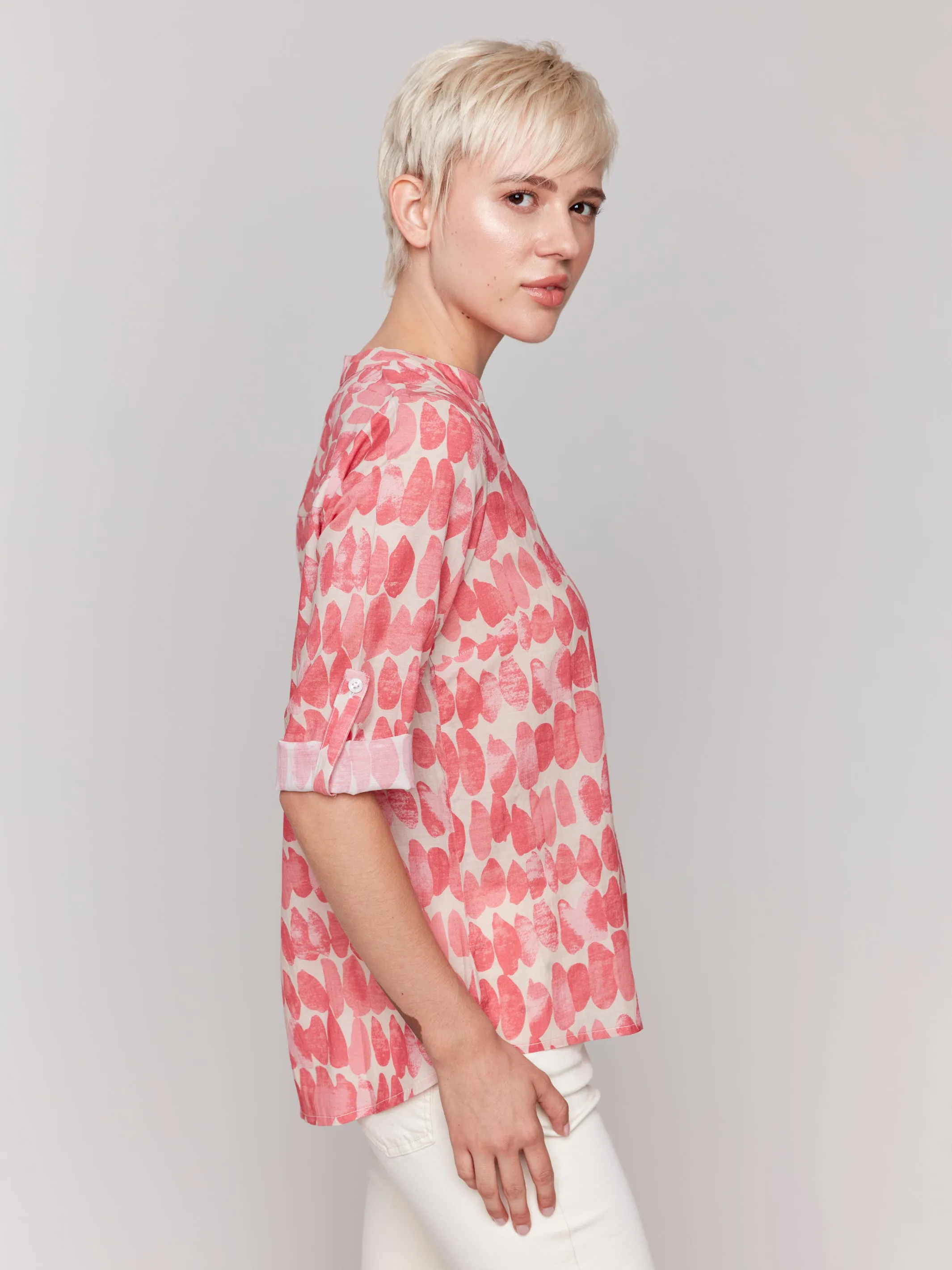 Printed Half Button Blouse Drops by Charlie B