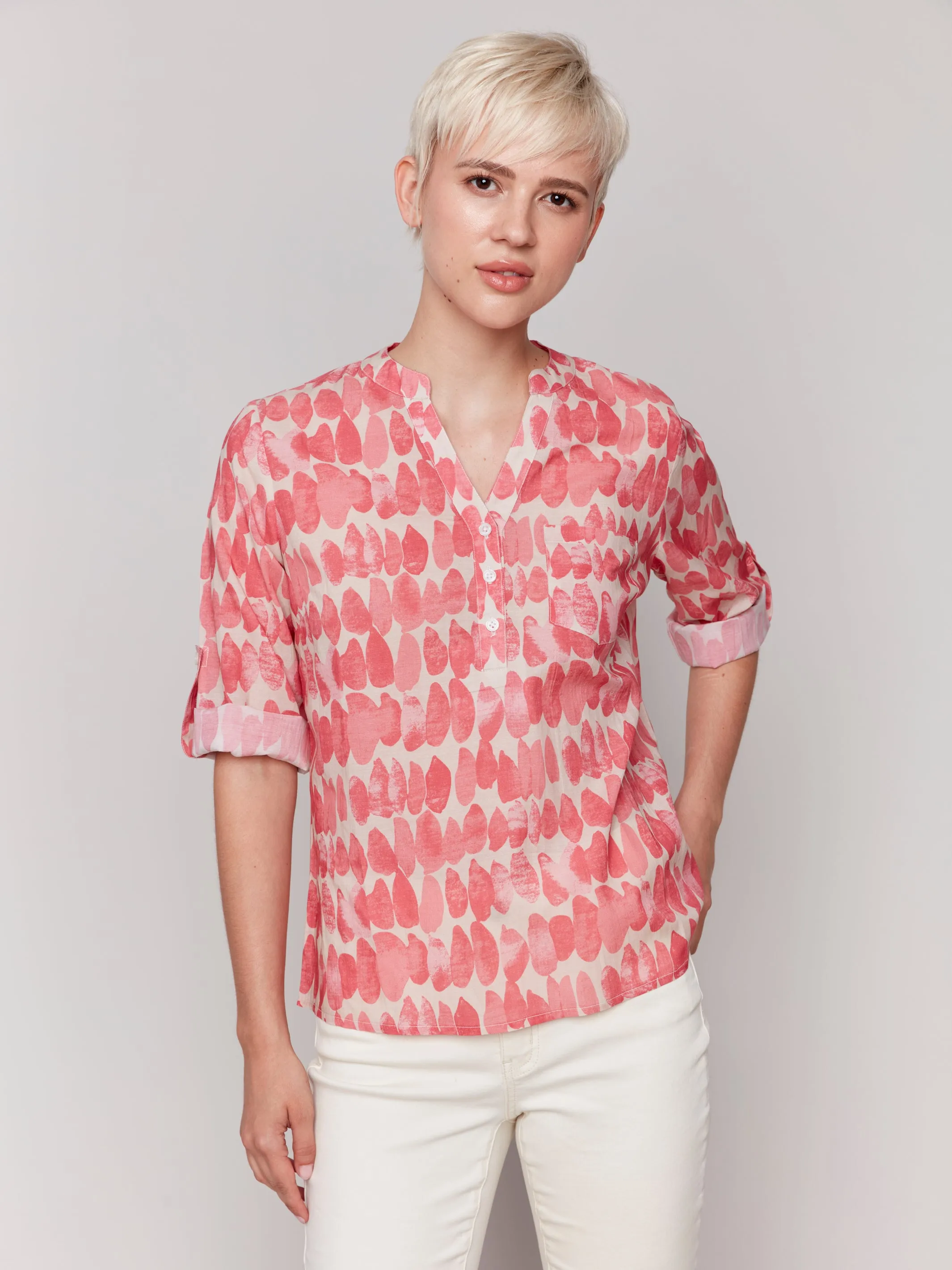 Printed Half Button Blouse Drops by Charlie B
