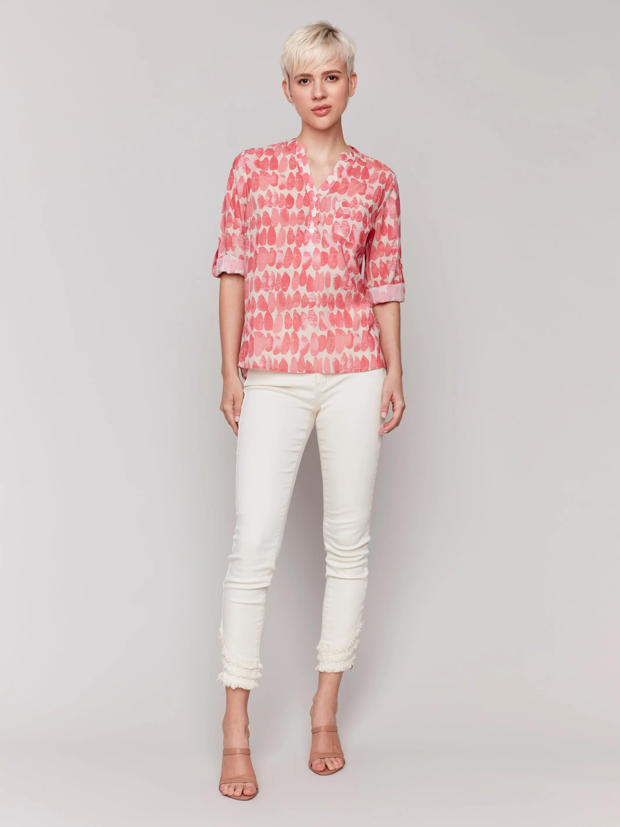 Printed Half Button Blouse Drops by Charlie B