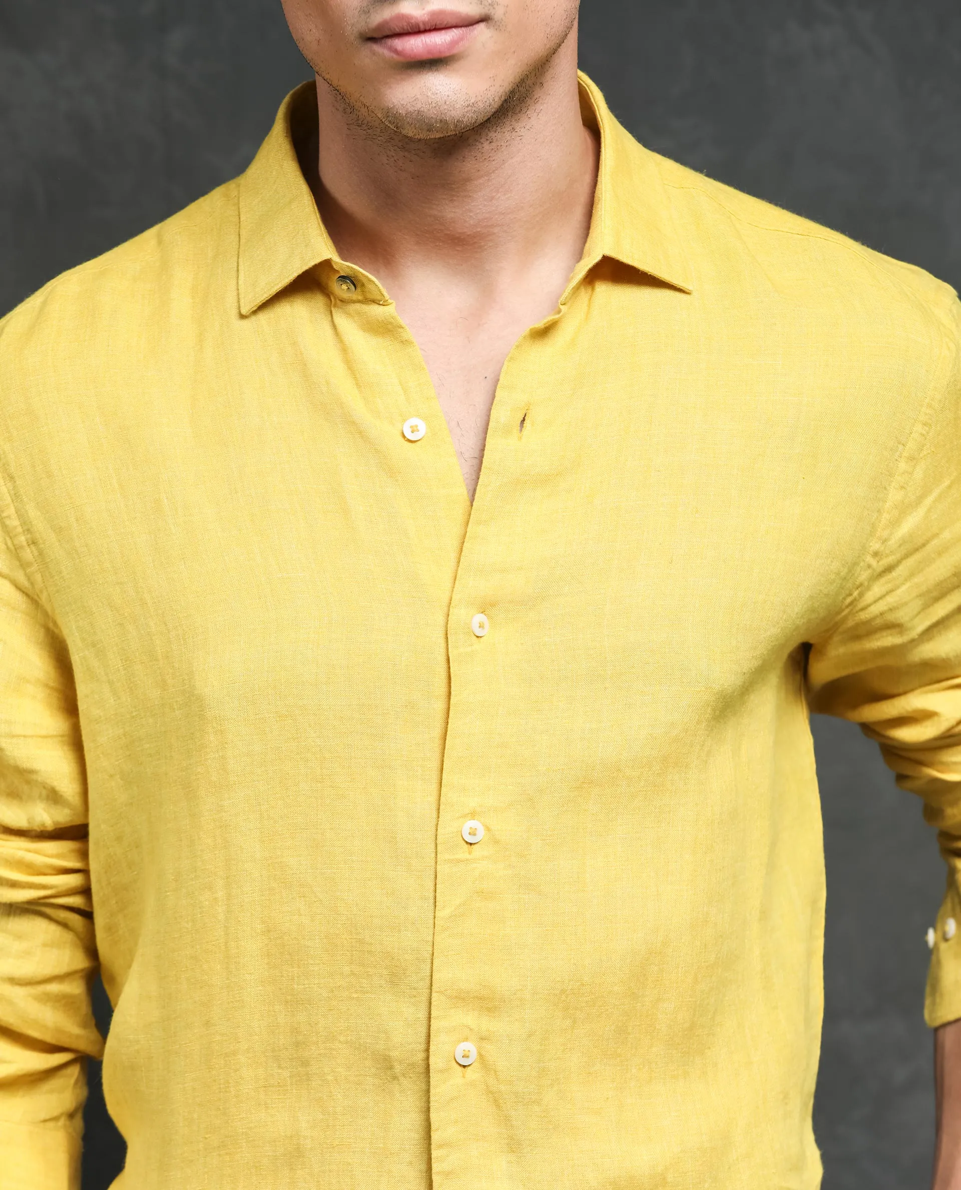 Rare Rabbit Men's Borium Yellow Linen Fabric Full Sleeves Solid Shirt