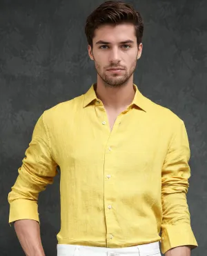 Rare Rabbit Men's Borium Yellow Linen Fabric Full Sleeves Solid Shirt