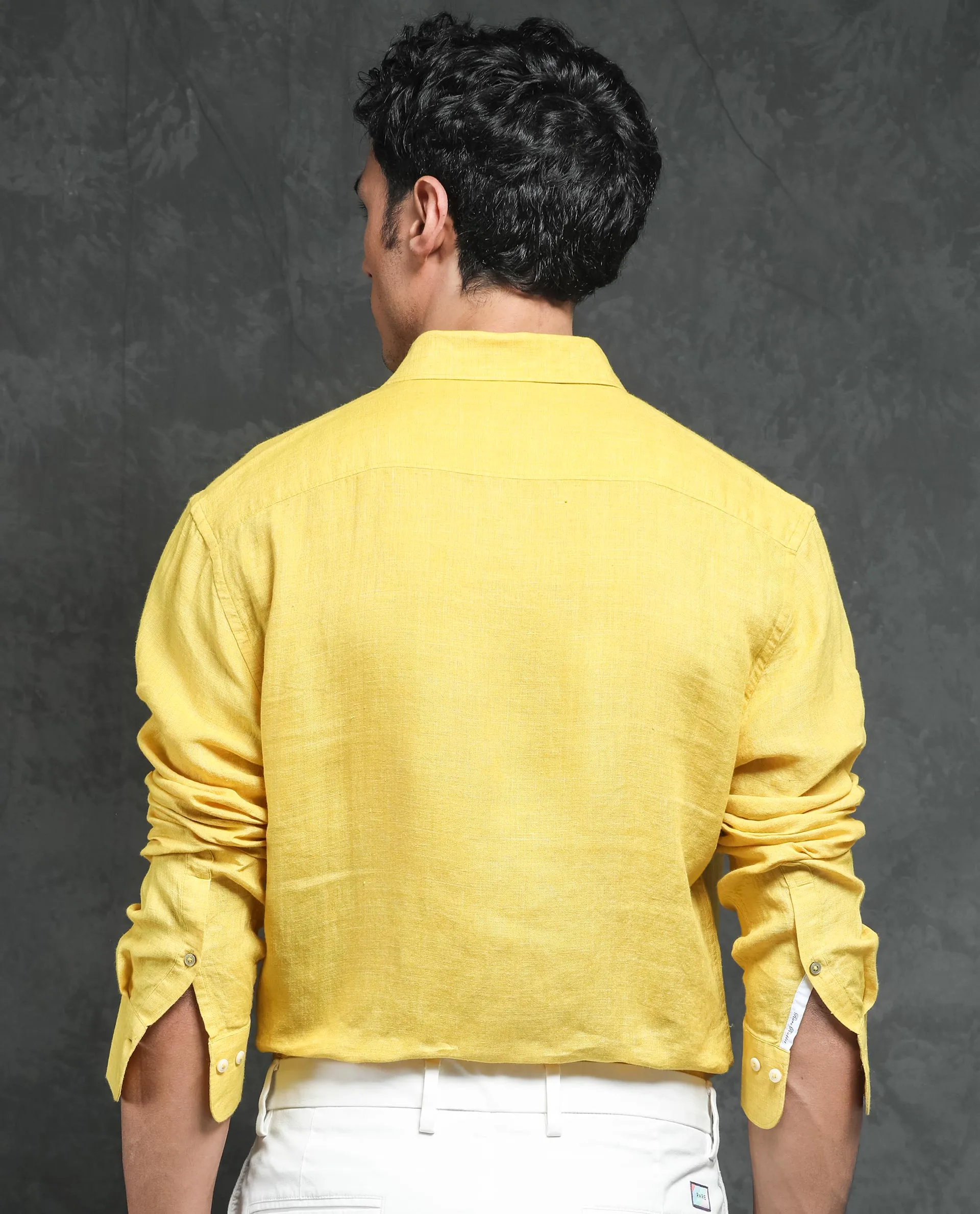 Rare Rabbit Men's Borium Yellow Linen Fabric Full Sleeves Solid Shirt
