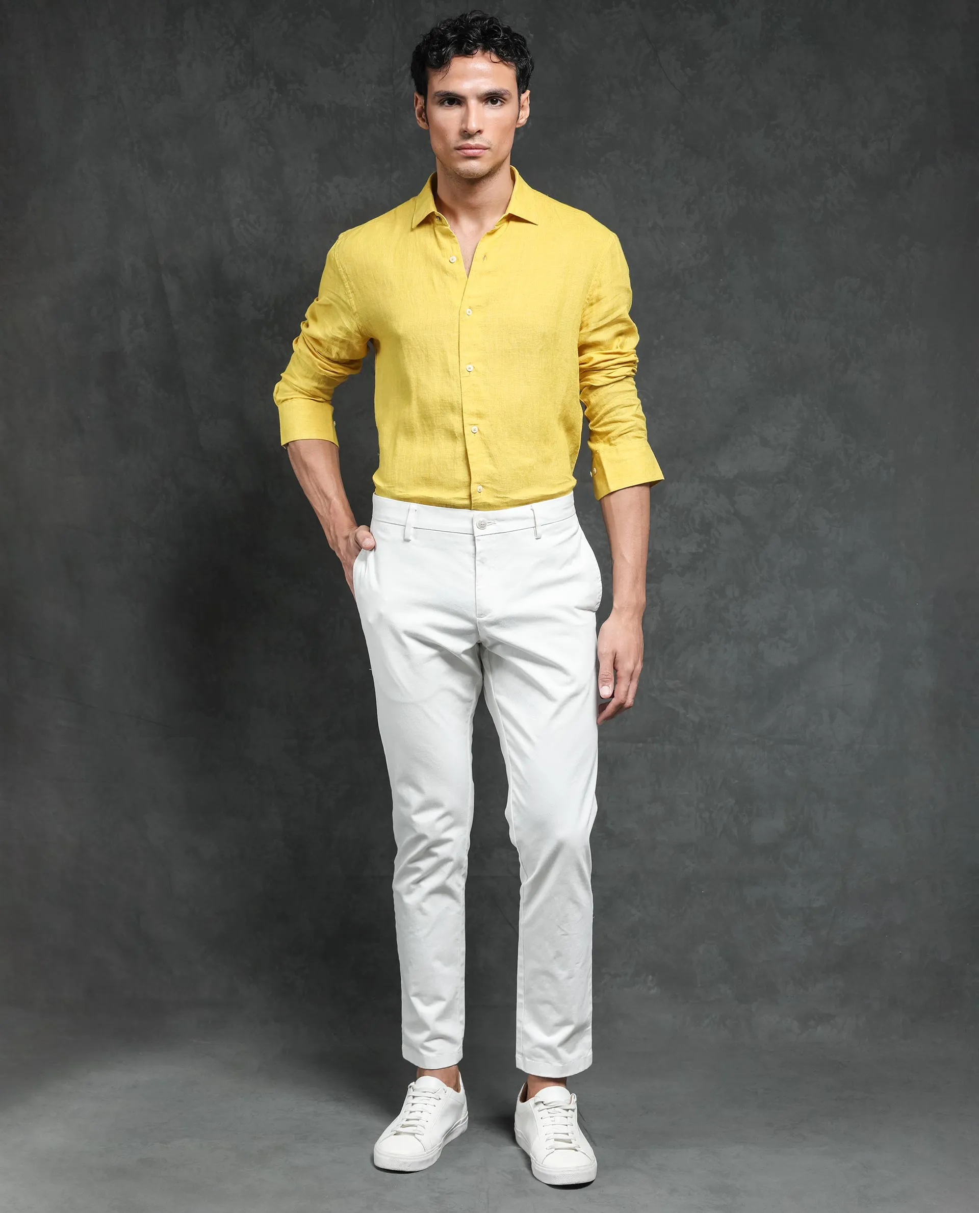 Rare Rabbit Men's Borium Yellow Linen Fabric Full Sleeves Solid Shirt