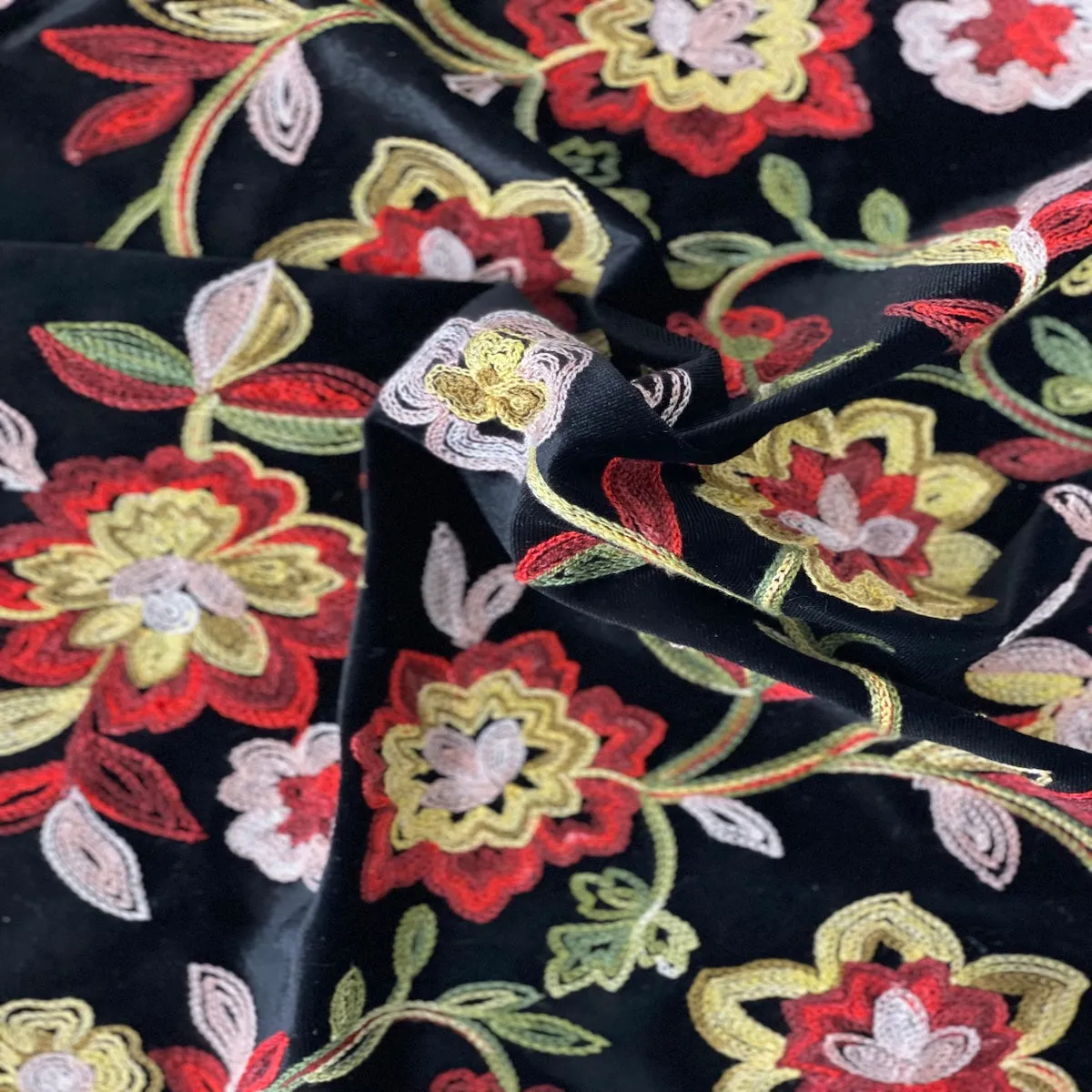 Red Multicolor Briony Floral Embroidered Stretch Velvet Fabric