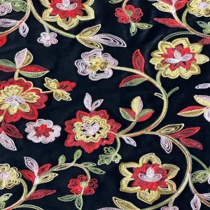Red Multicolor Briony Floral Embroidered Stretch Velvet Fabric