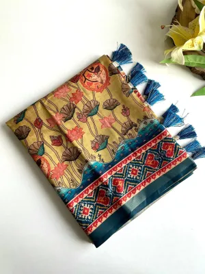 Scintilla Beige Kalamkari Printed Viscose Dola Silk Saree With Gossamer Blouse Piece