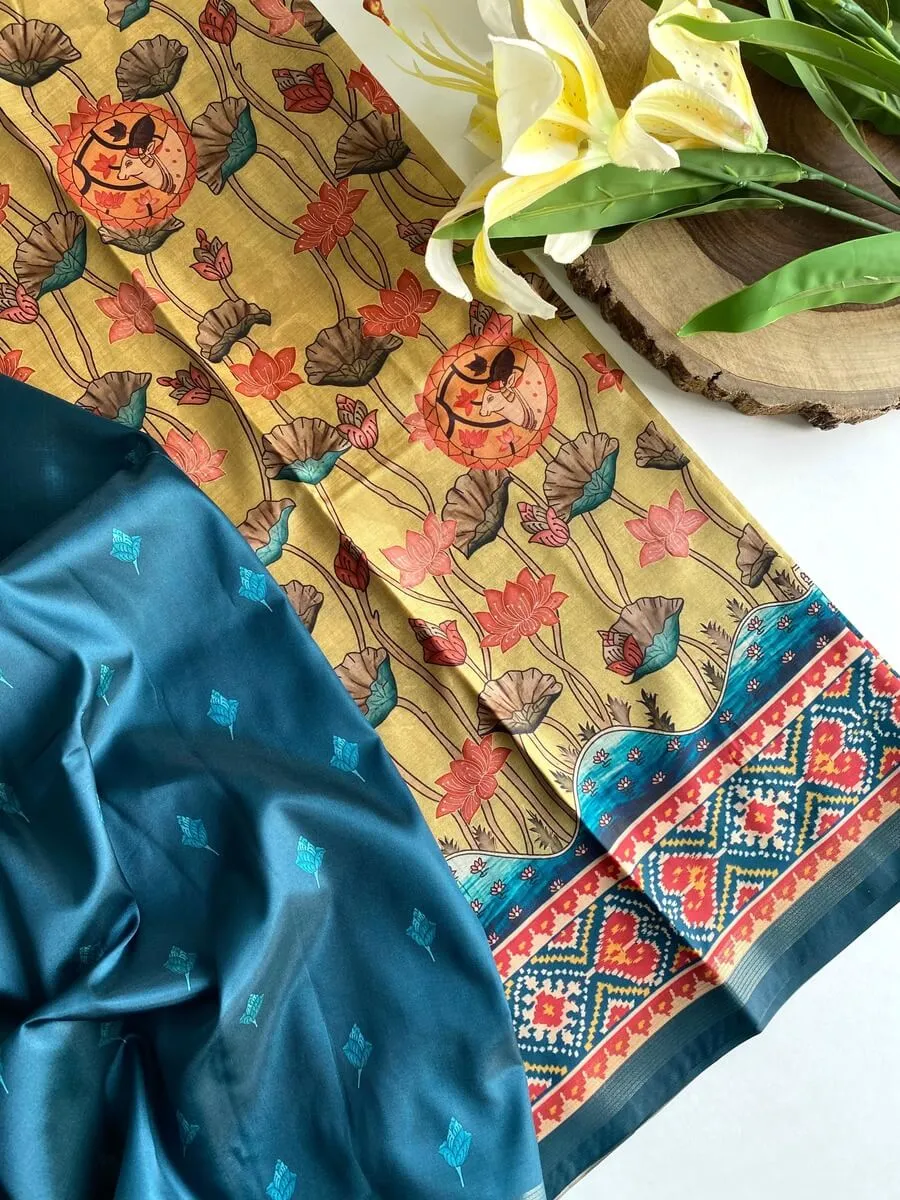 Scintilla Beige Kalamkari Printed Viscose Dola Silk Saree With Gossamer Blouse Piece