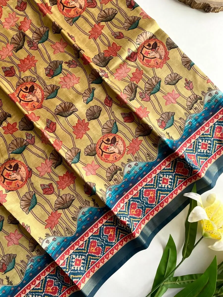 Scintilla Beige Kalamkari Printed Viscose Dola Silk Saree With Gossamer Blouse Piece