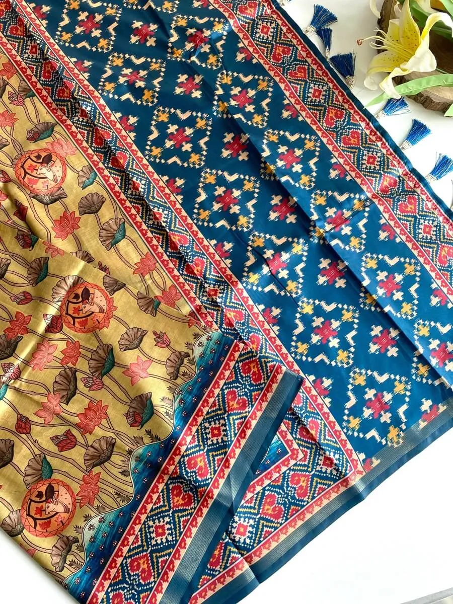 Scintilla Beige Kalamkari Printed Viscose Dola Silk Saree With Gossamer Blouse Piece