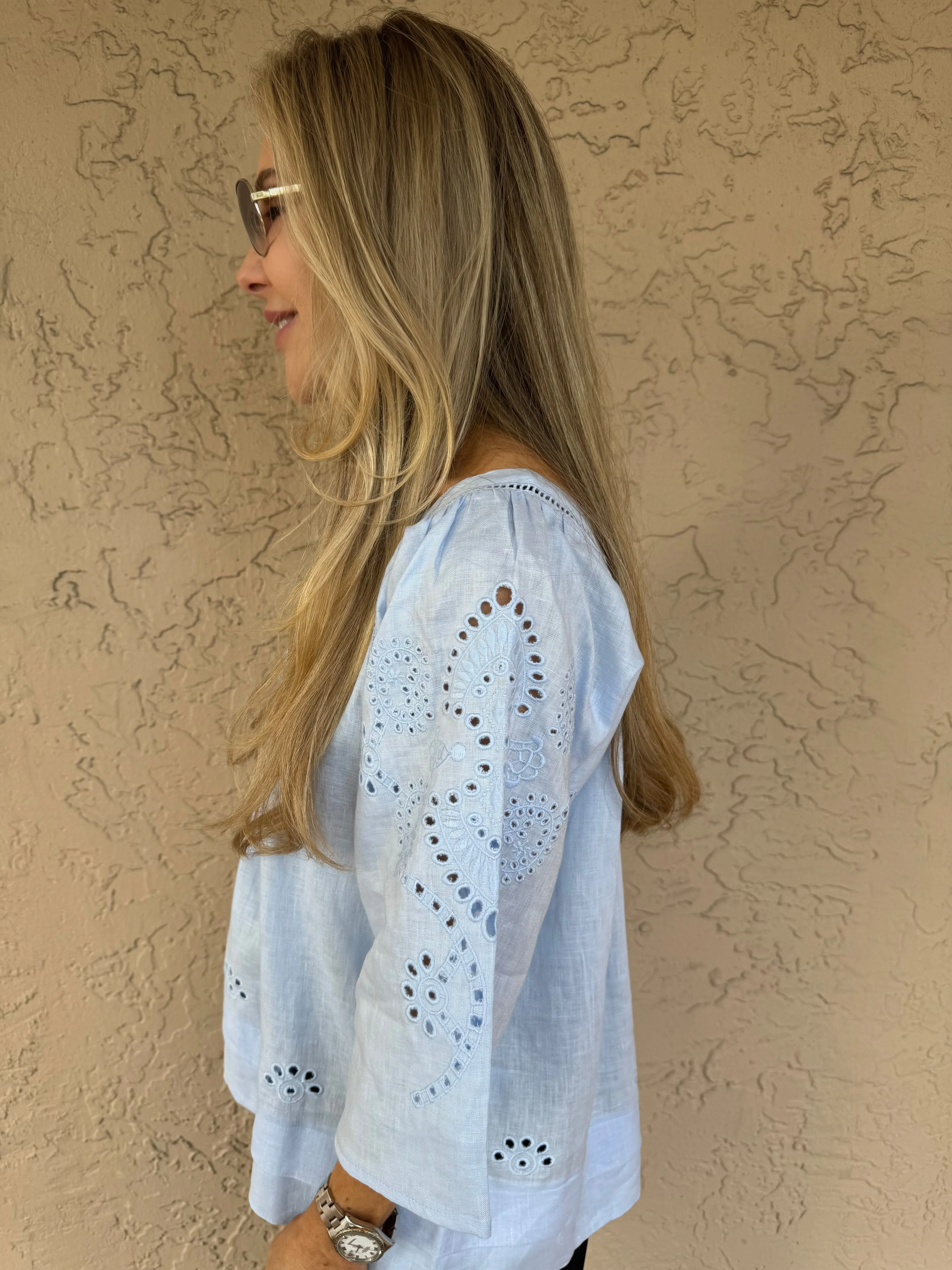 Serenity Breeze Embroidered Linen Shirt - Chambray
