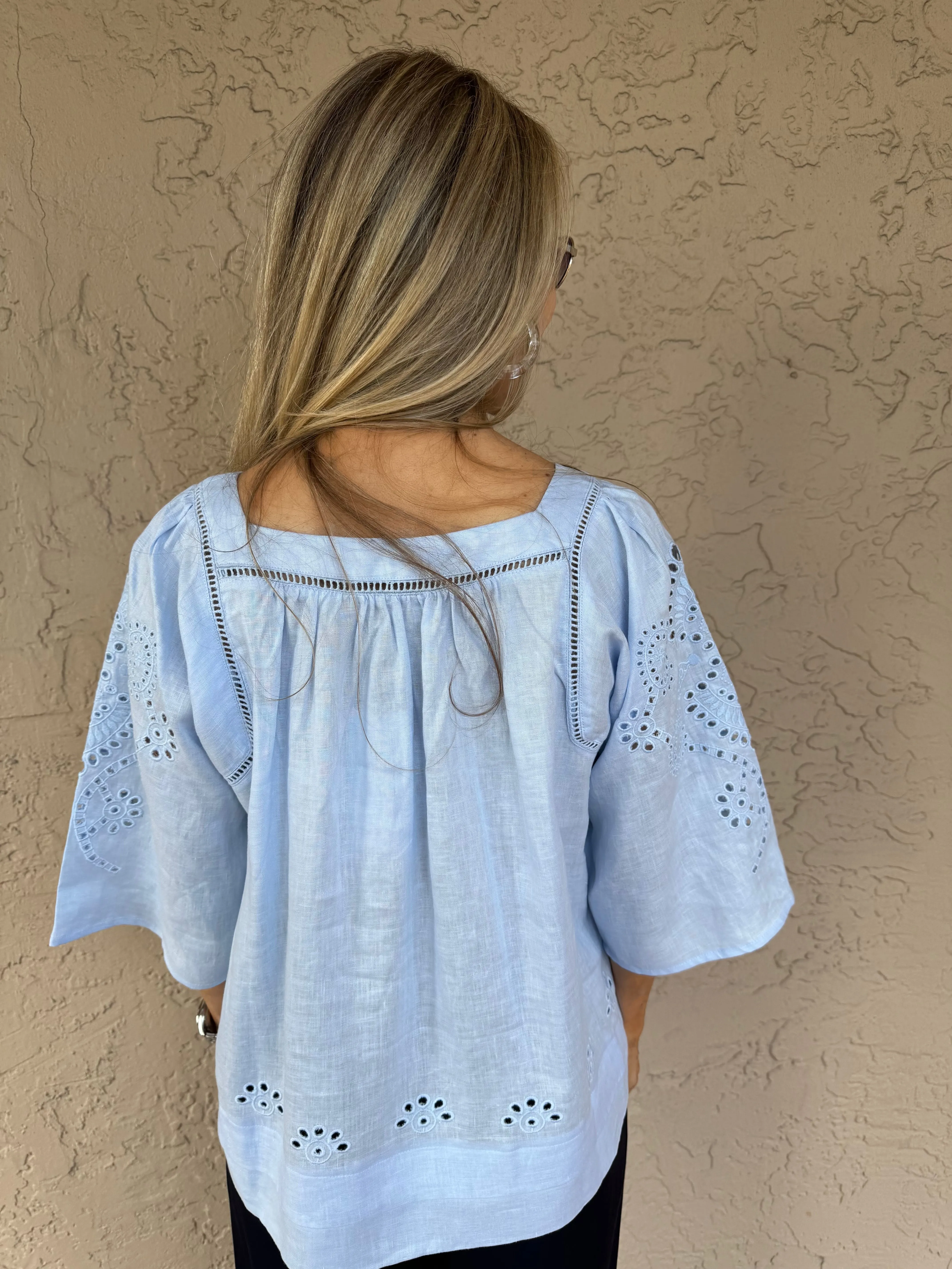 Serenity Breeze Embroidered Linen Shirt - Chambray