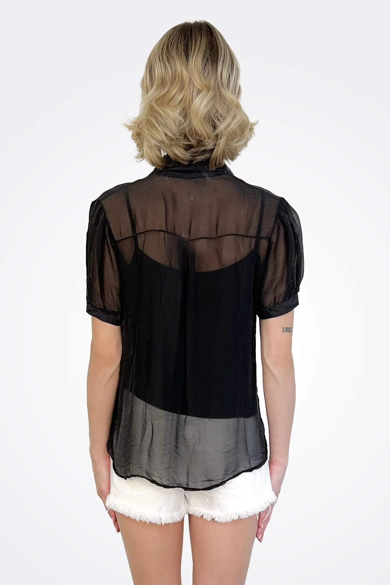 Sheer Short Sleeve Blouse - Black