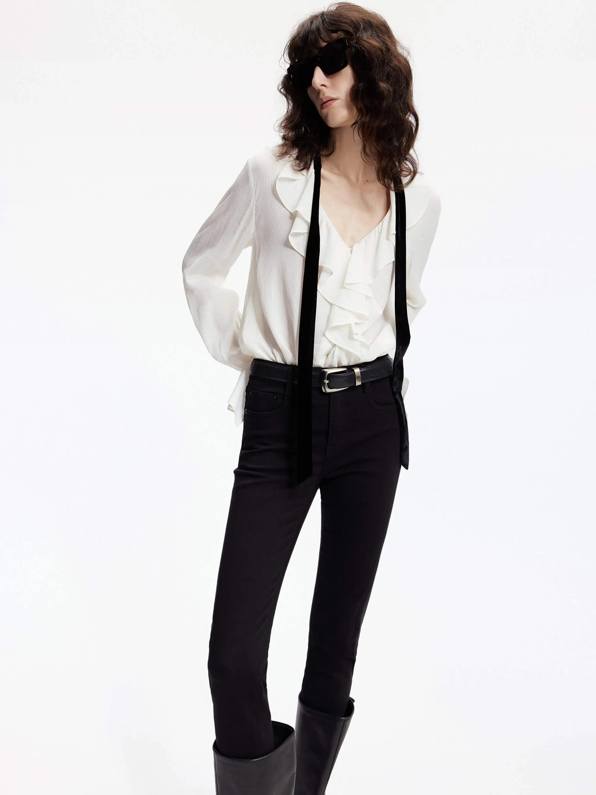 Silk Blend Ruffle Trim Blouse
