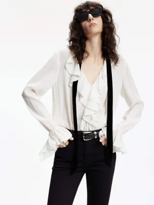 Silk Blend Ruffle Trim Blouse