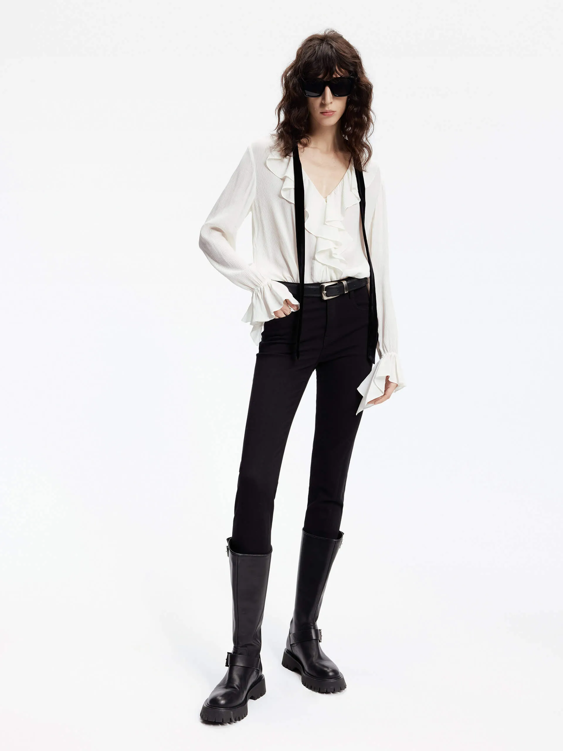Silk Blend Ruffle Trim Blouse