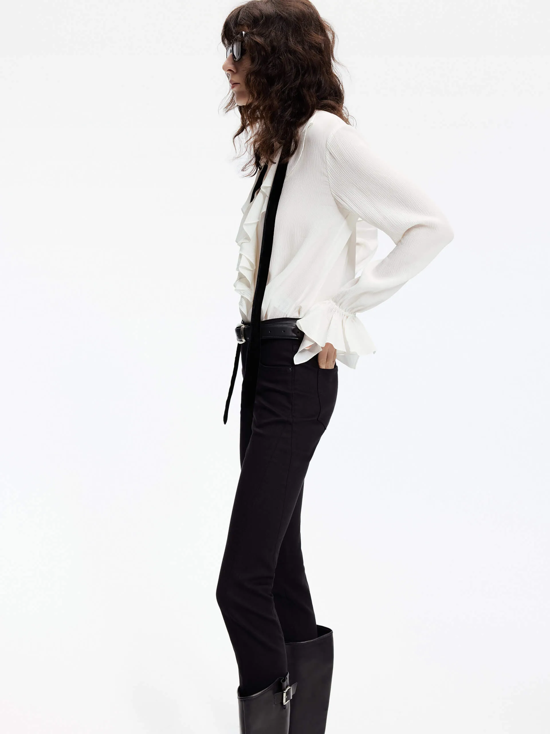 Silk Blend Ruffle Trim Blouse