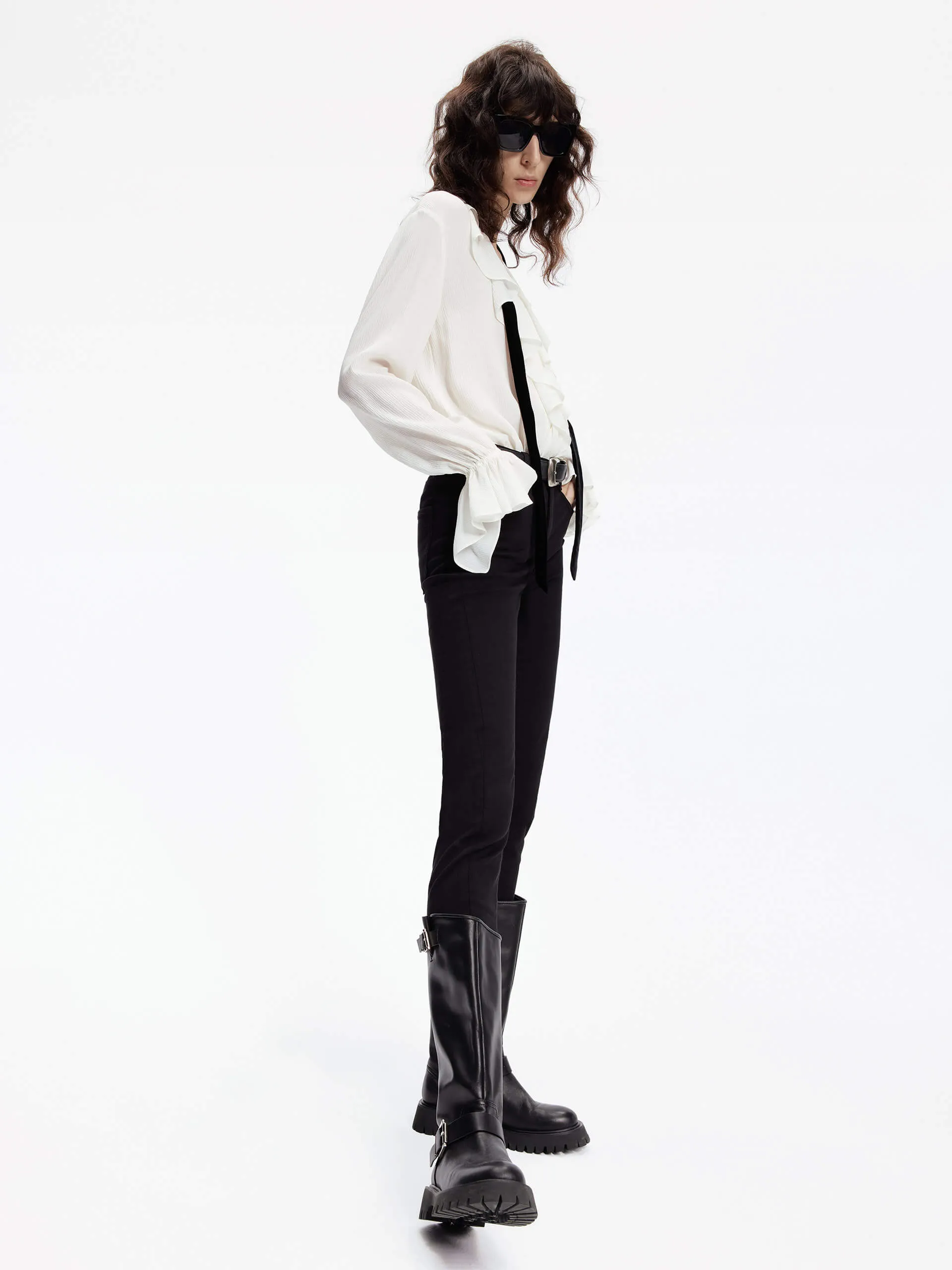 Silk Blend Ruffle Trim Blouse
