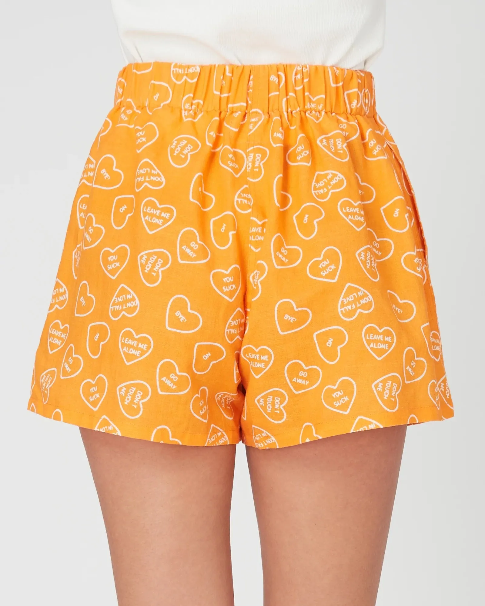 SUMMI SUMMI Womens Linen Shorts Orange Dumb Love Print
