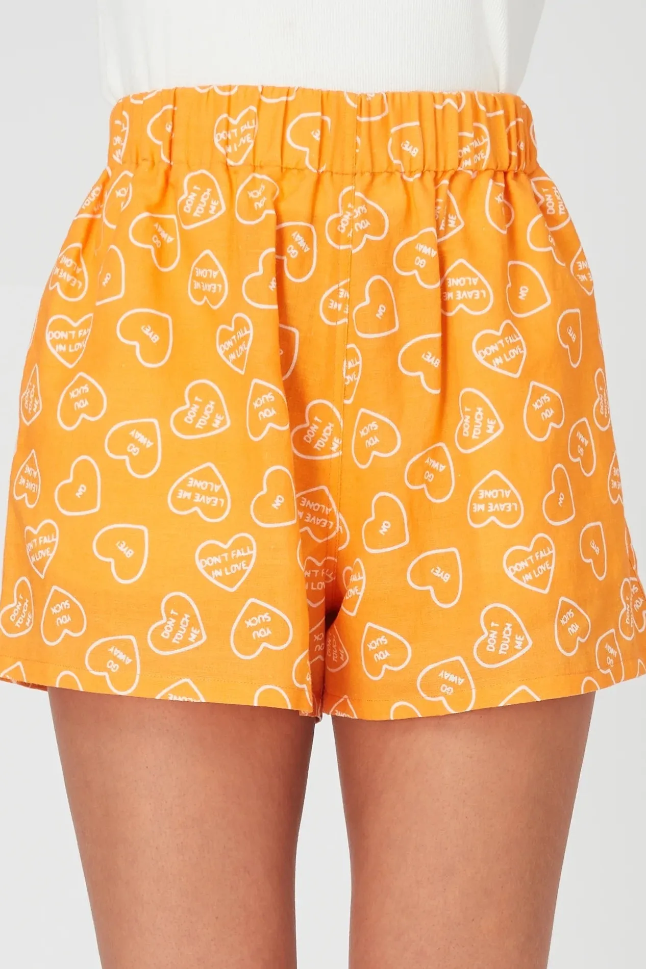 SUMMI SUMMI Womens Linen Shorts Orange Dumb Love Print
