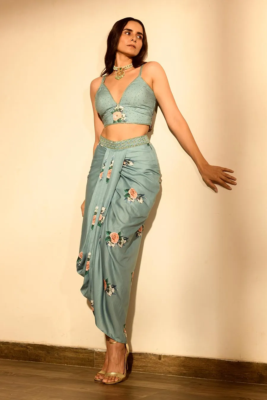 Teal Embroidered Co-Ord Set with Cape