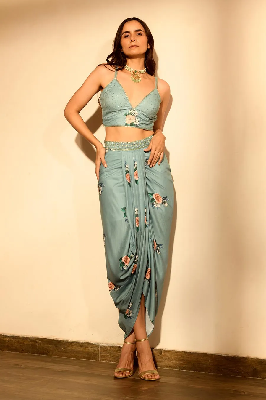 Teal Embroidered Co-Ord Set with Cape