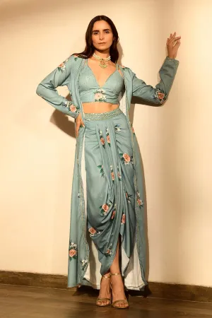 Teal Embroidered Co-Ord Set with Cape