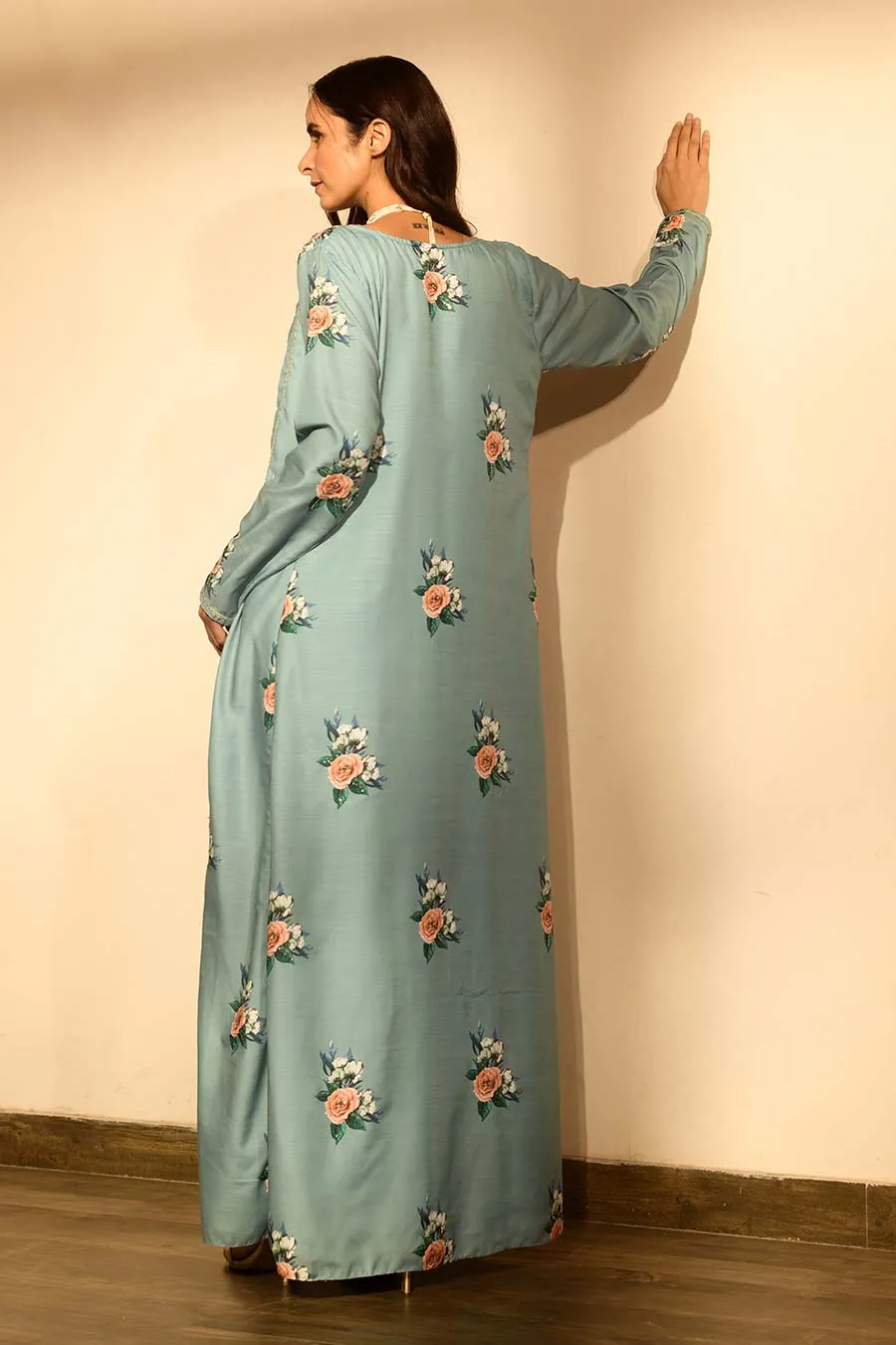 Teal Embroidered Co-Ord Set with Cape