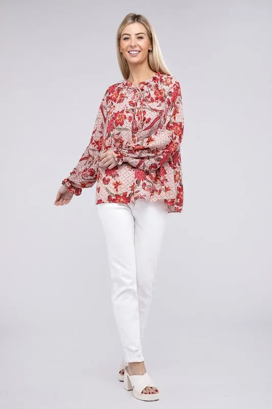 TEEK - Floral Print Tie Neck Blouse