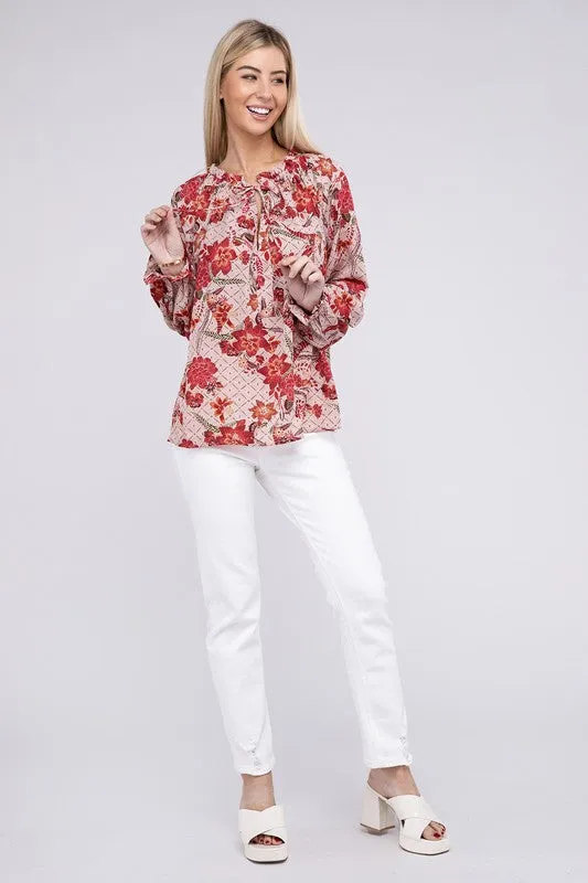 TEEK - Floral Print Tie Neck Blouse