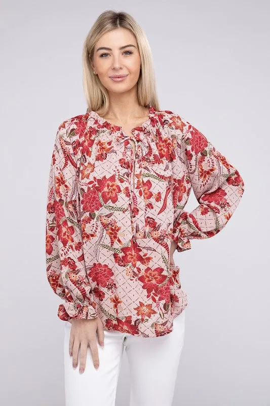 TEEK - Floral Print Tie Neck Blouse