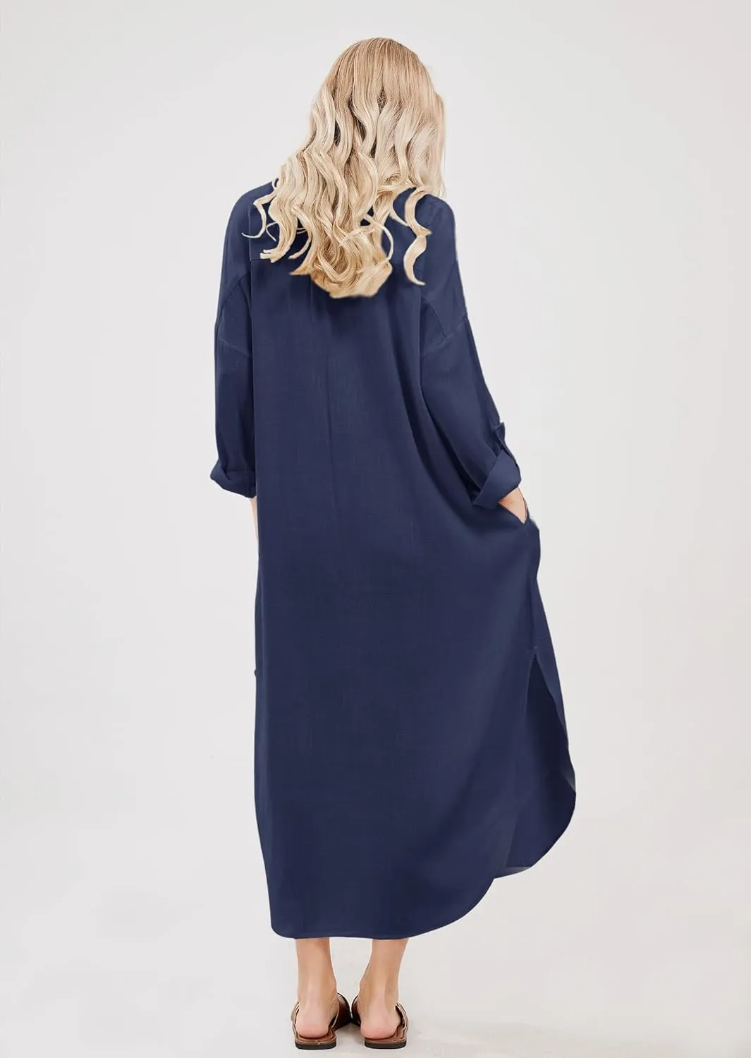 utcoco Womens Casual Loose Cotton Linen Long Shirt Dress Lapel Button Cuffed Sleeve Side Split Dresses with Pockets