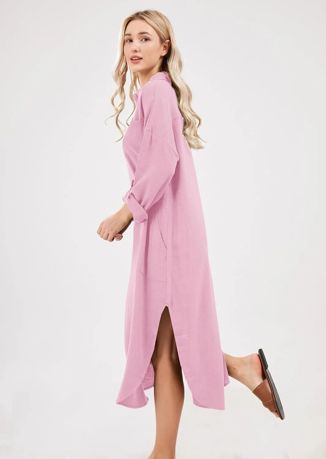 utcoco Womens Casual Loose Cotton Linen Long Shirt Dress Lapel Button Cuffed Sleeve Side Split Dresses with Pockets