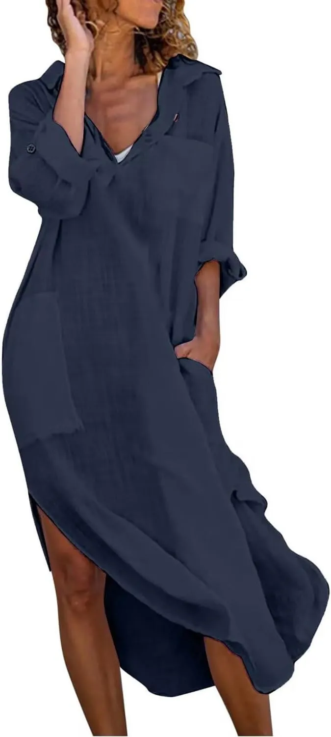 utcoco Womens Casual Loose Cotton Linen Long Shirt Dress Lapel Button Cuffed Sleeve Side Split Dresses with Pockets