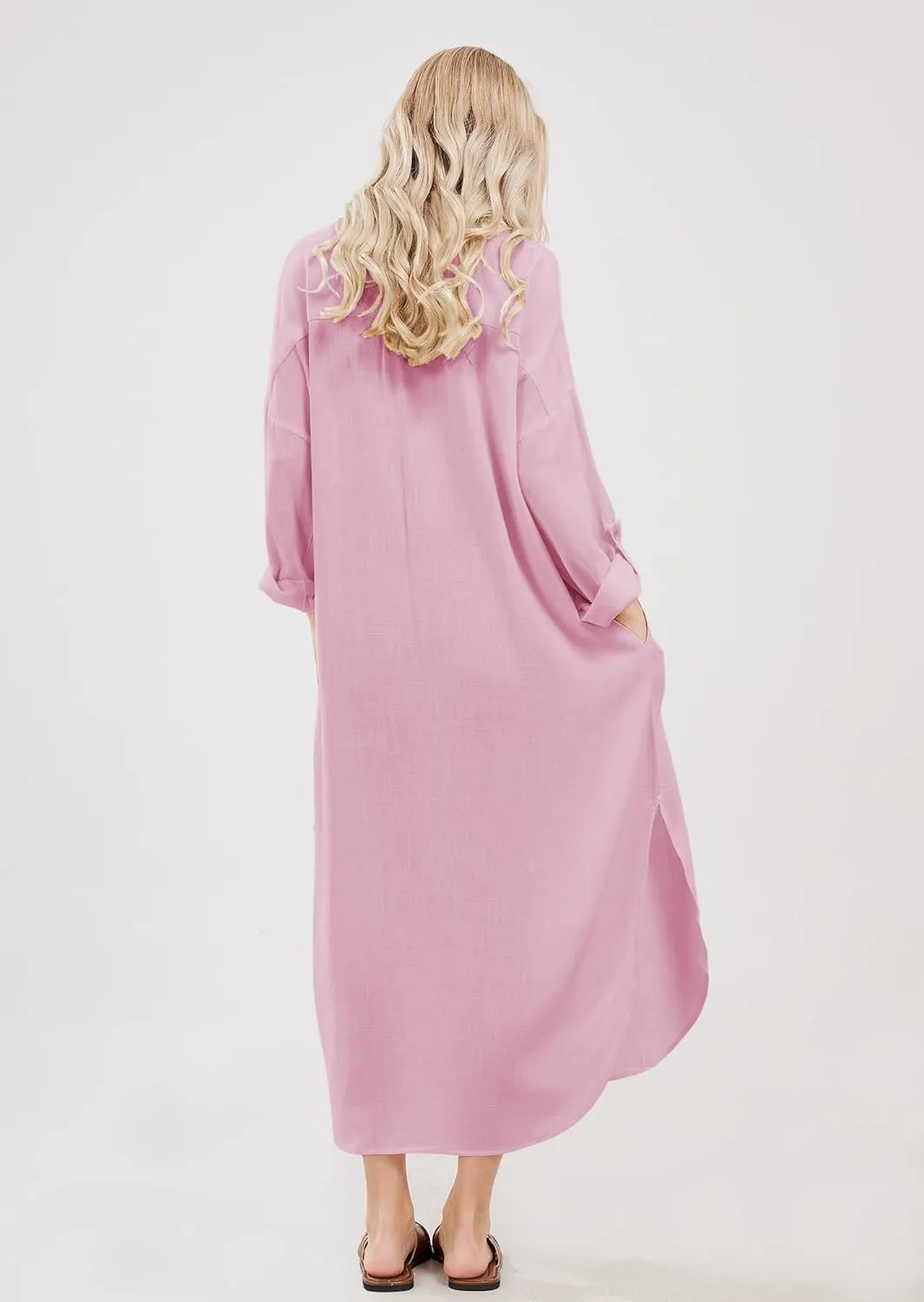 utcoco Womens Casual Loose Cotton Linen Long Shirt Dress Lapel Button Cuffed Sleeve Side Split Dresses with Pockets
