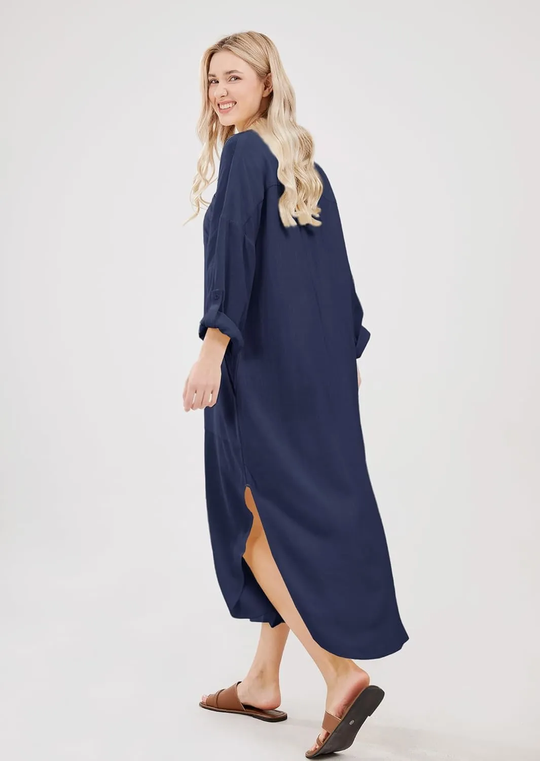 utcoco Womens Casual Loose Cotton Linen Long Shirt Dress Lapel Button Cuffed Sleeve Side Split Dresses with Pockets