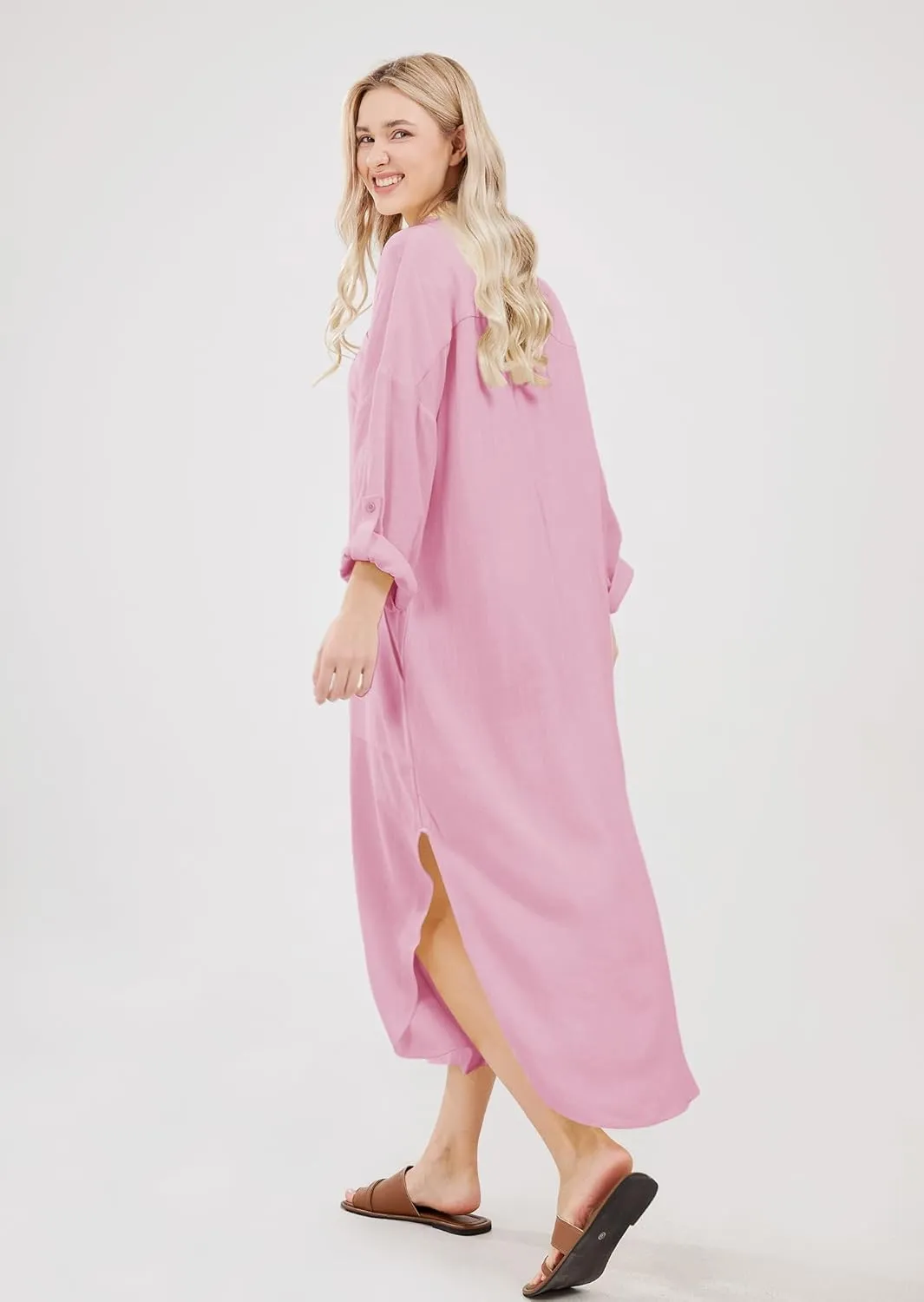utcoco Womens Casual Loose Cotton Linen Long Shirt Dress Lapel Button Cuffed Sleeve Side Split Dresses with Pockets