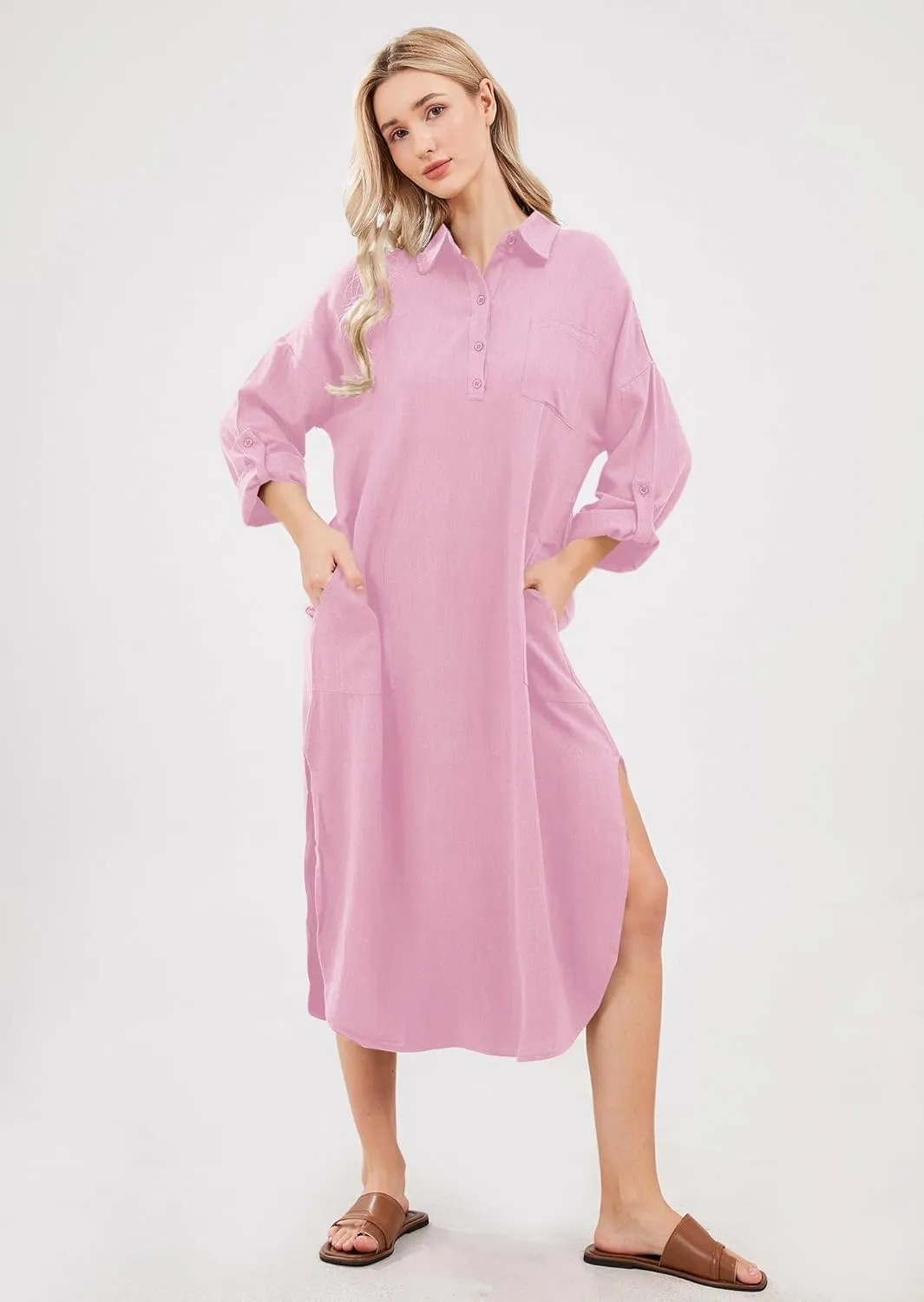 utcoco Womens Casual Loose Cotton Linen Long Shirt Dress Lapel Button Cuffed Sleeve Side Split Dresses with Pockets