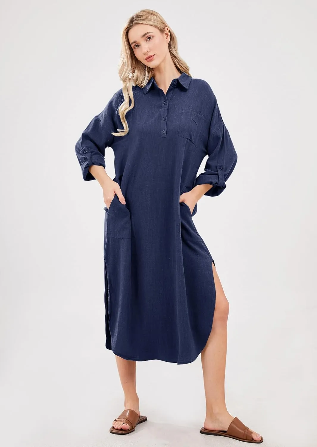 utcoco Womens Casual Loose Cotton Linen Long Shirt Dress Lapel Button Cuffed Sleeve Side Split Dresses with Pockets