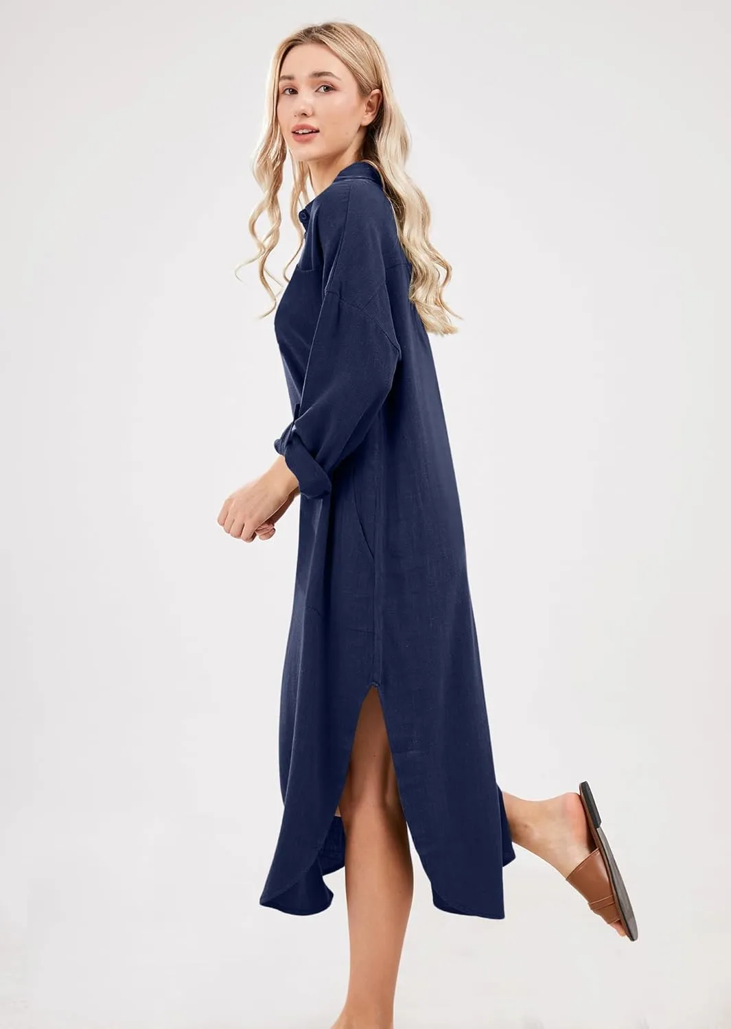 utcoco Womens Casual Loose Cotton Linen Long Shirt Dress Lapel Button Cuffed Sleeve Side Split Dresses with Pockets