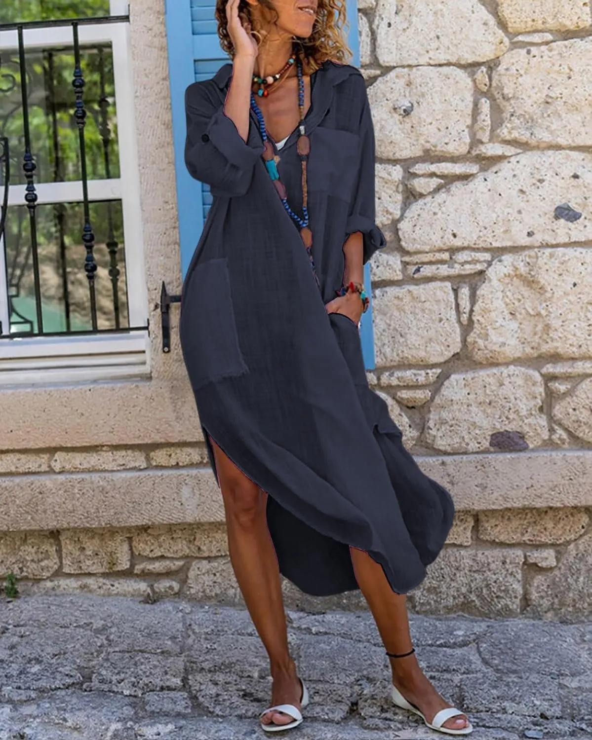 utcoco Womens Casual Loose Cotton Linen Long Shirt Dress Lapel Button Cuffed Sleeve Side Split Dresses with Pockets