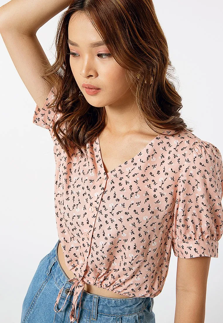 V neck Drawstring Blouse with Floral Print