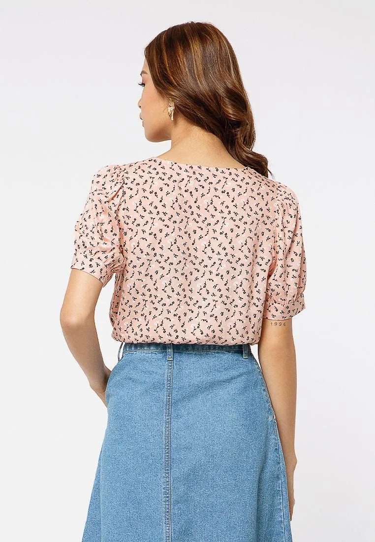 V neck Drawstring Blouse with Floral Print
