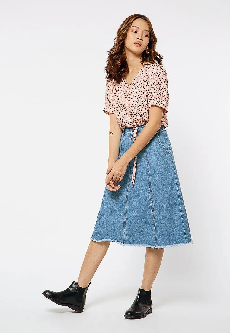 V neck Drawstring Blouse with Floral Print