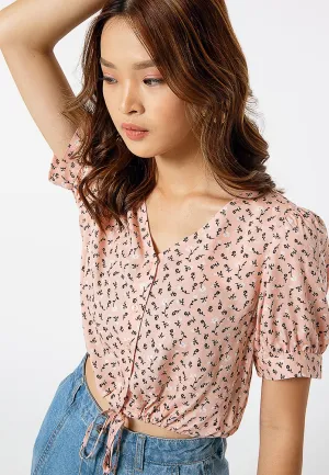 V neck Drawstring Blouse with Floral Print