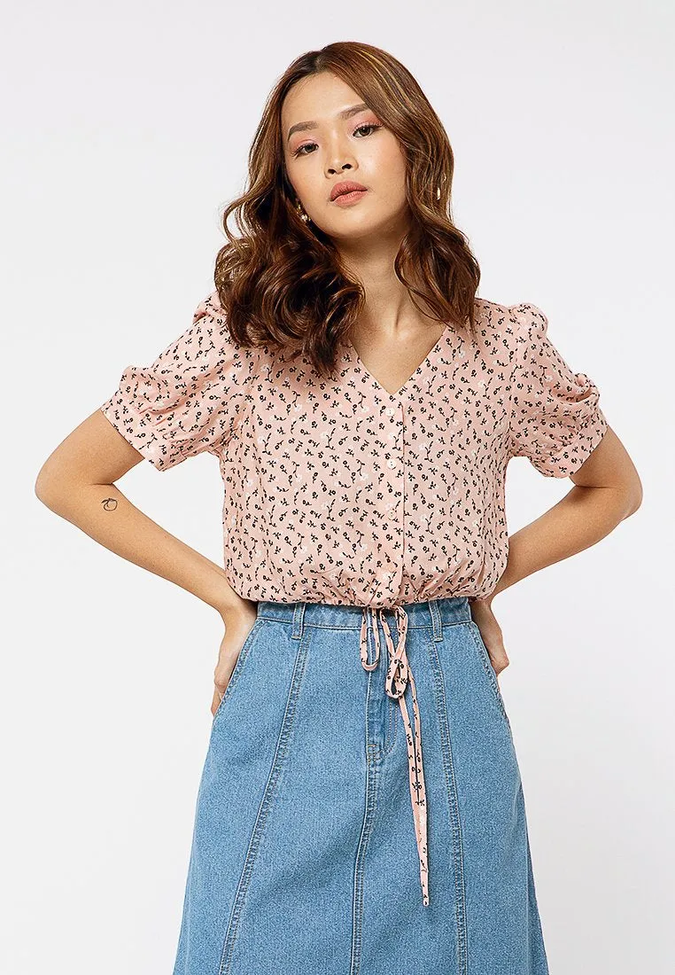 V neck Drawstring Blouse with Floral Print