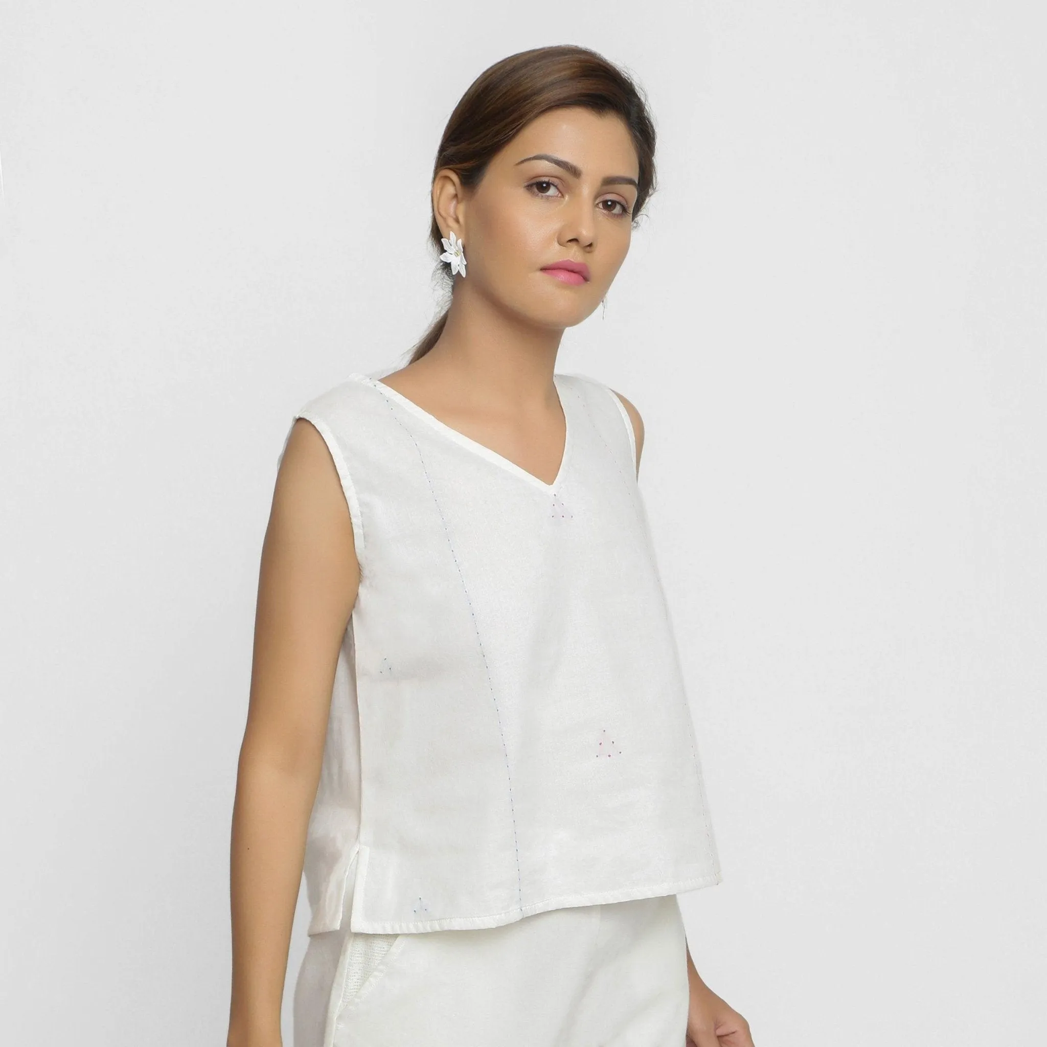 White Embroidered Organic Cotton Sleeveless Top