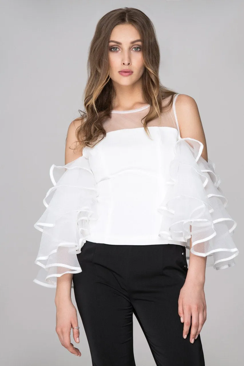 White Sheer Yoke Tiered Ruffle Sleeve Top