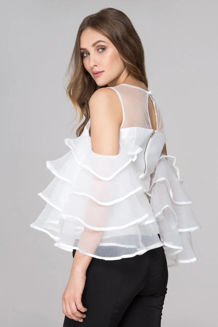 White Sheer Yoke Tiered Ruffle Sleeve Top